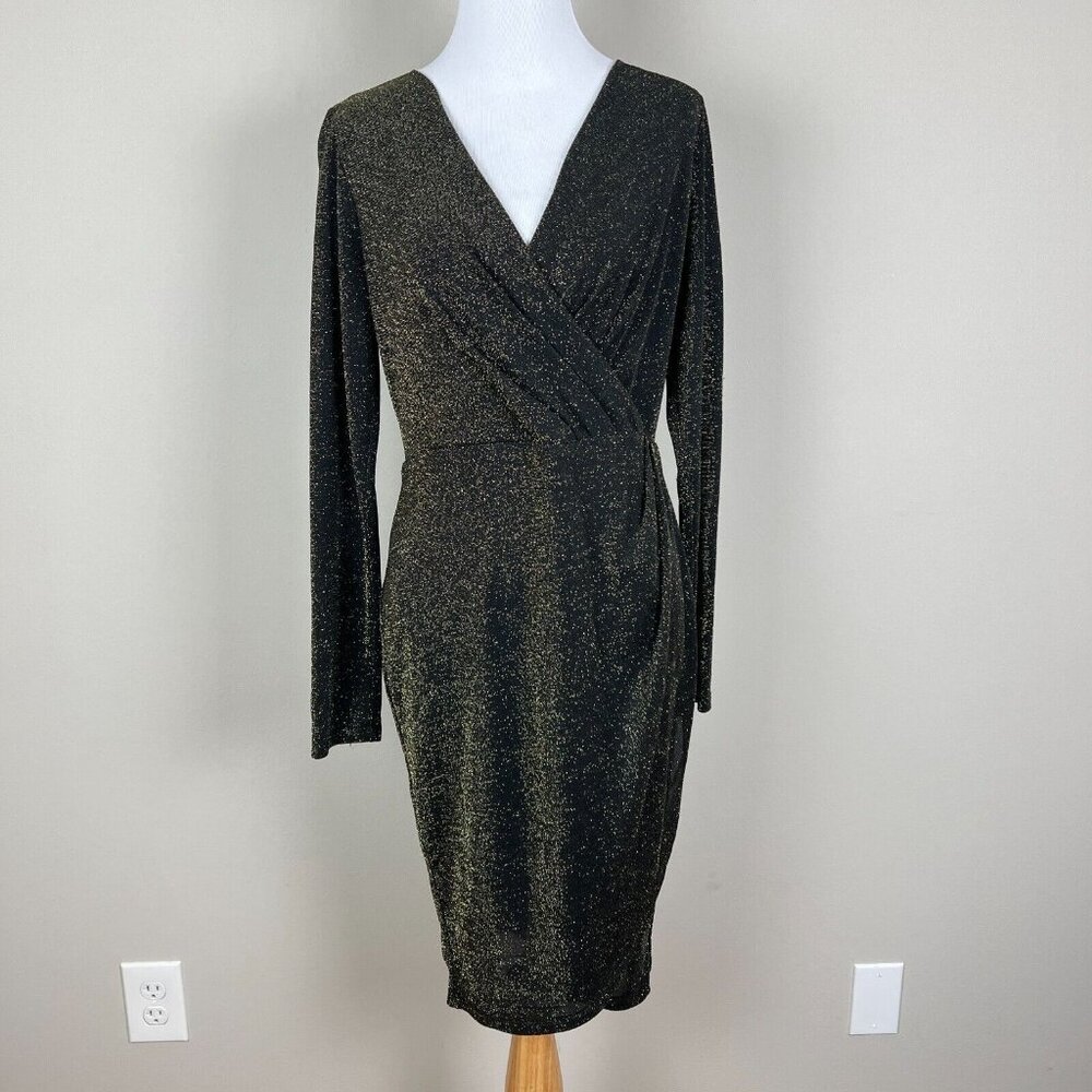 Catherine Maladrino Dress Womens 10 Black Gold Metallic Faux Wrap Sheath V-Neck